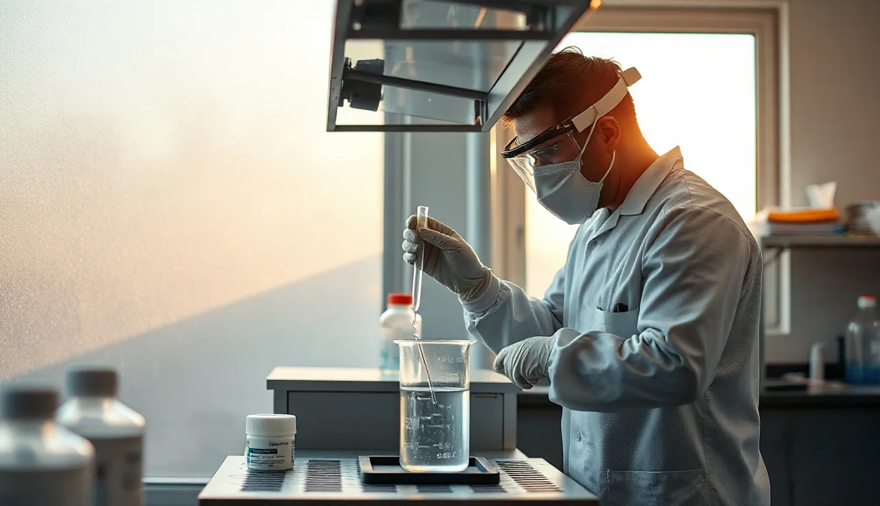 Worker in face shield and gloves handling sodium hydroxide solution in industrial lab