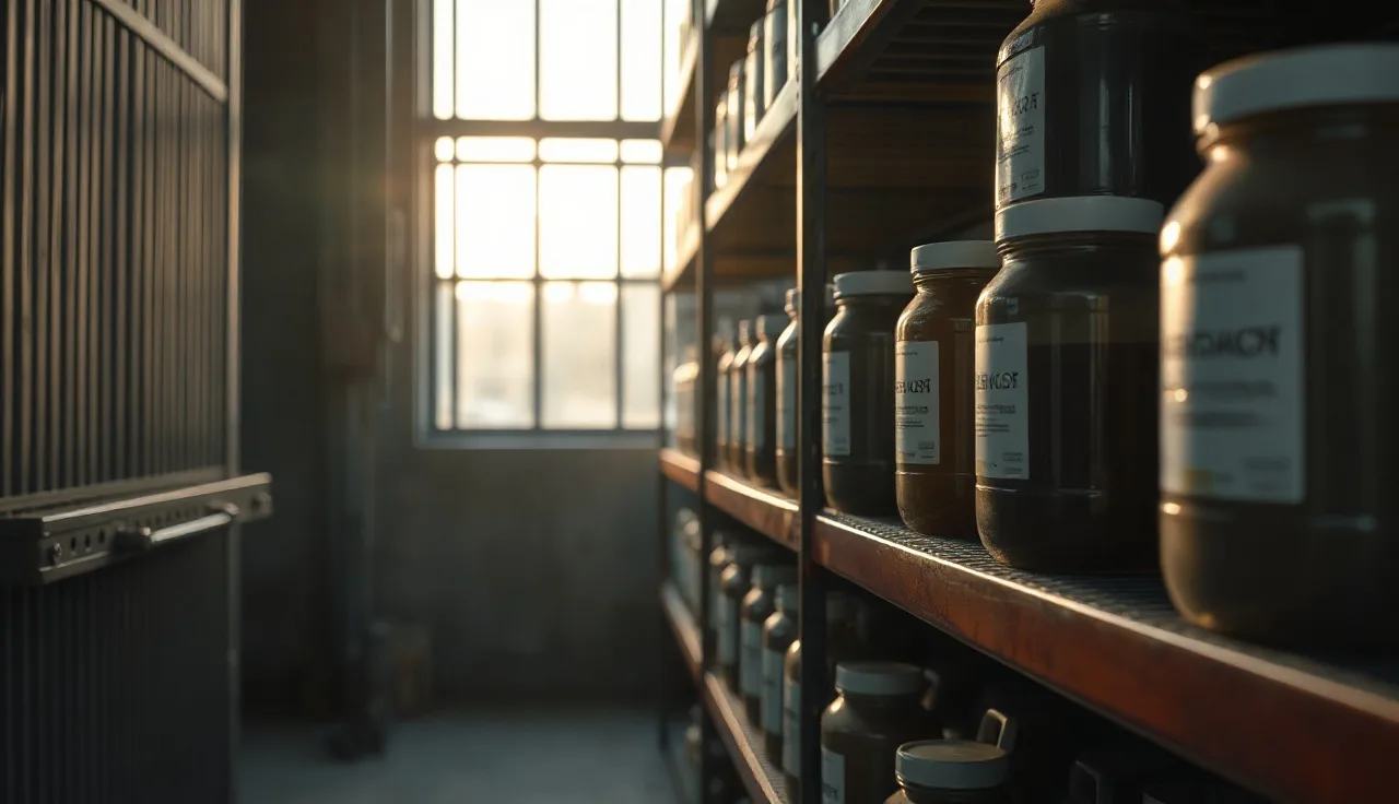 Chemical storage shelf in an industrial facility showing sealed containers under natural light