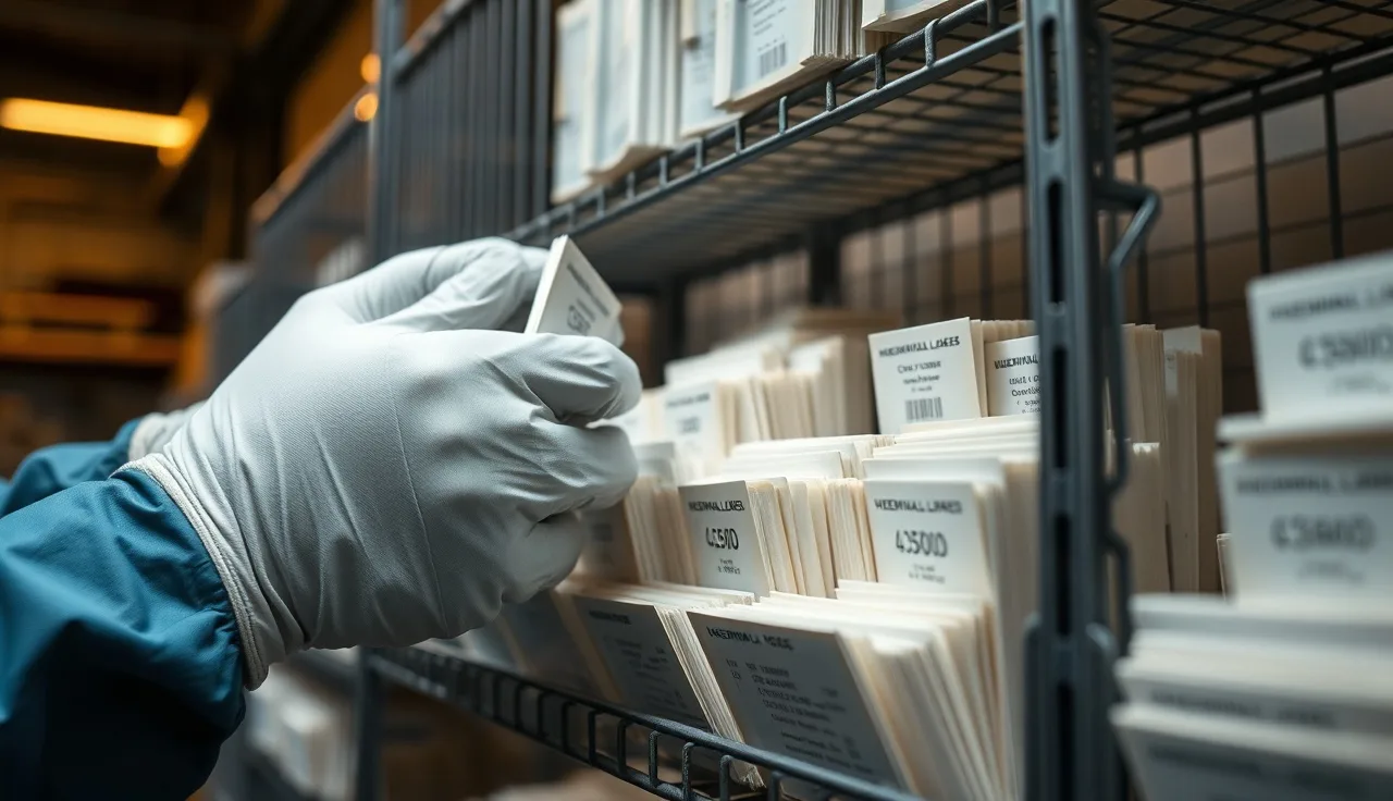 Worker in protective gloves organizing chemical safety data sheets in an industrial rack