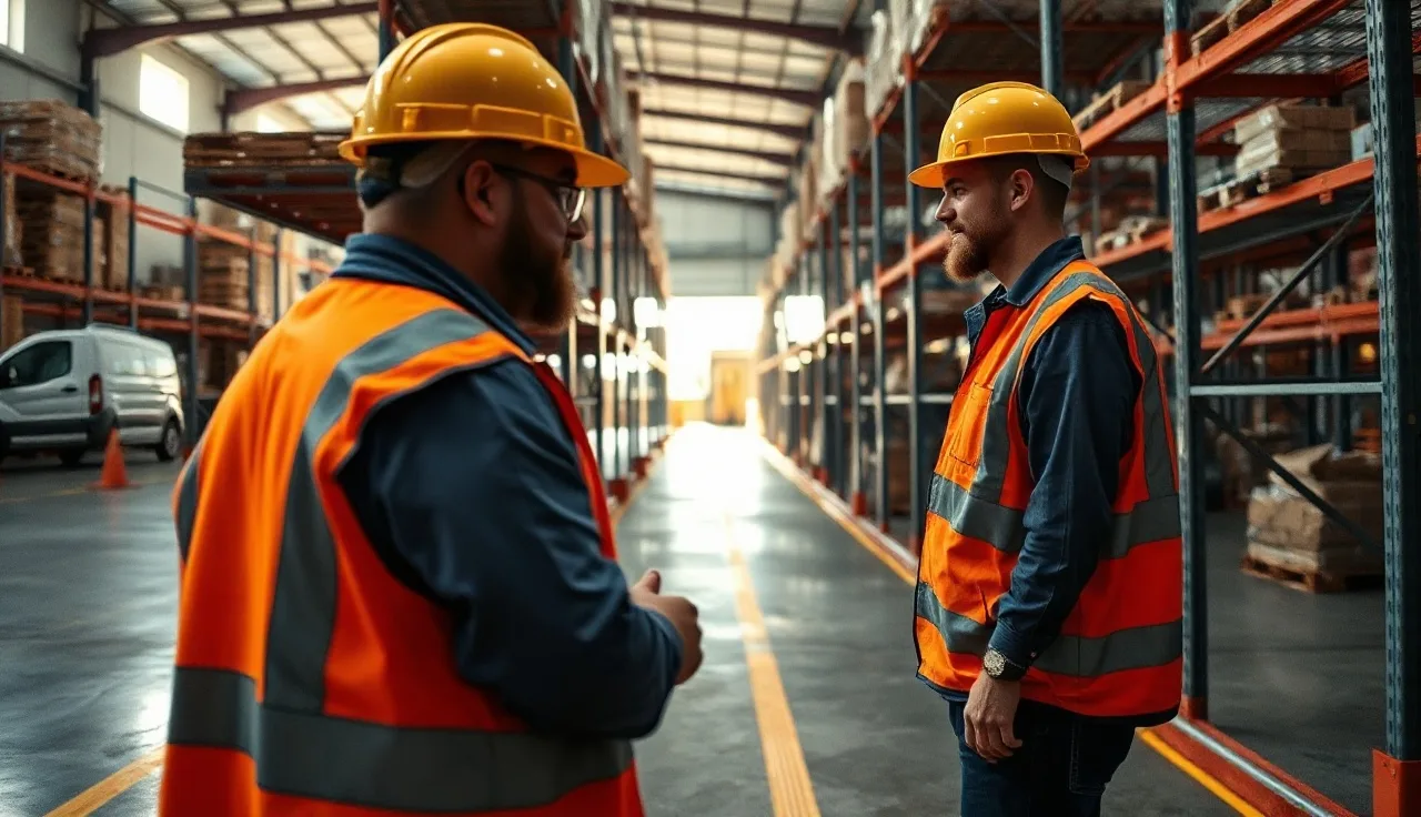 Warehouse worker inspecting pallet racking as a workplace safety check