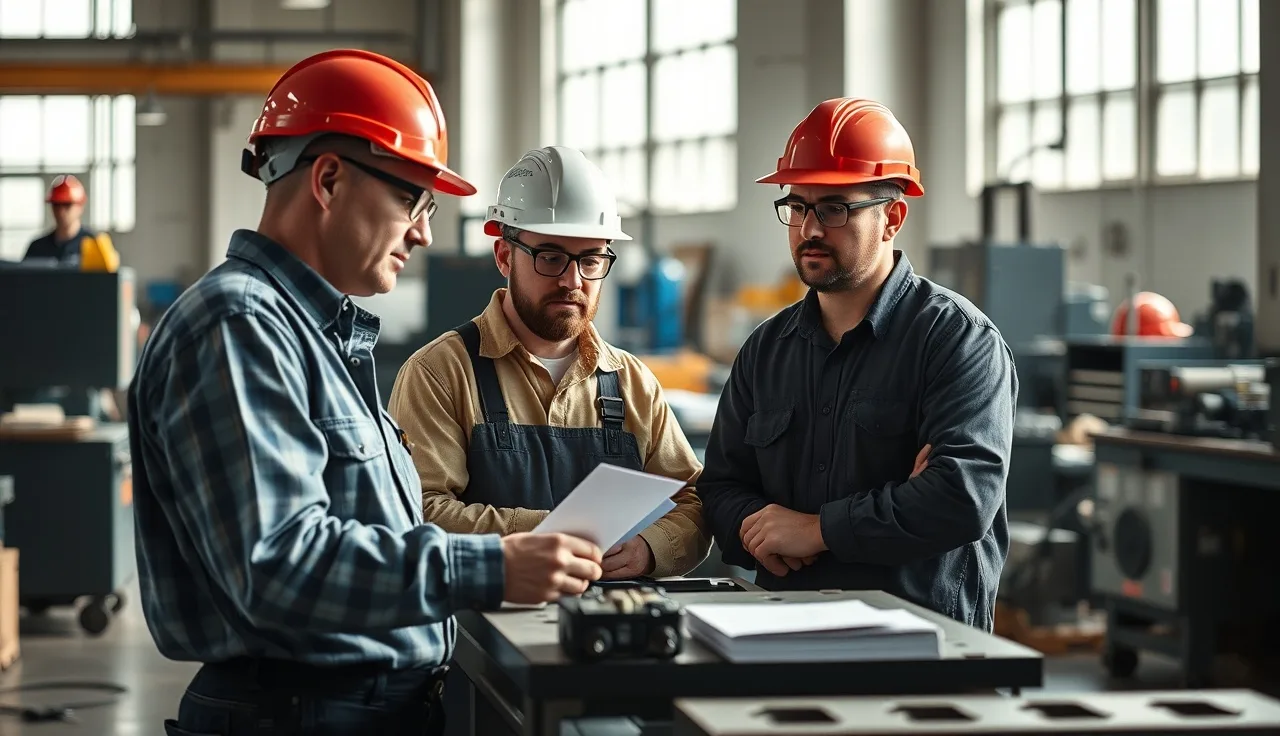 Three workers in hard hats on a small manufacturing floor reviewing safety procedures together