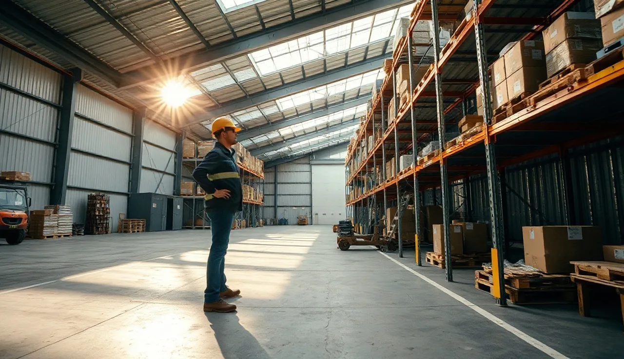 Worker in hard hat inspecting warehouse shelving racks for safety hazards