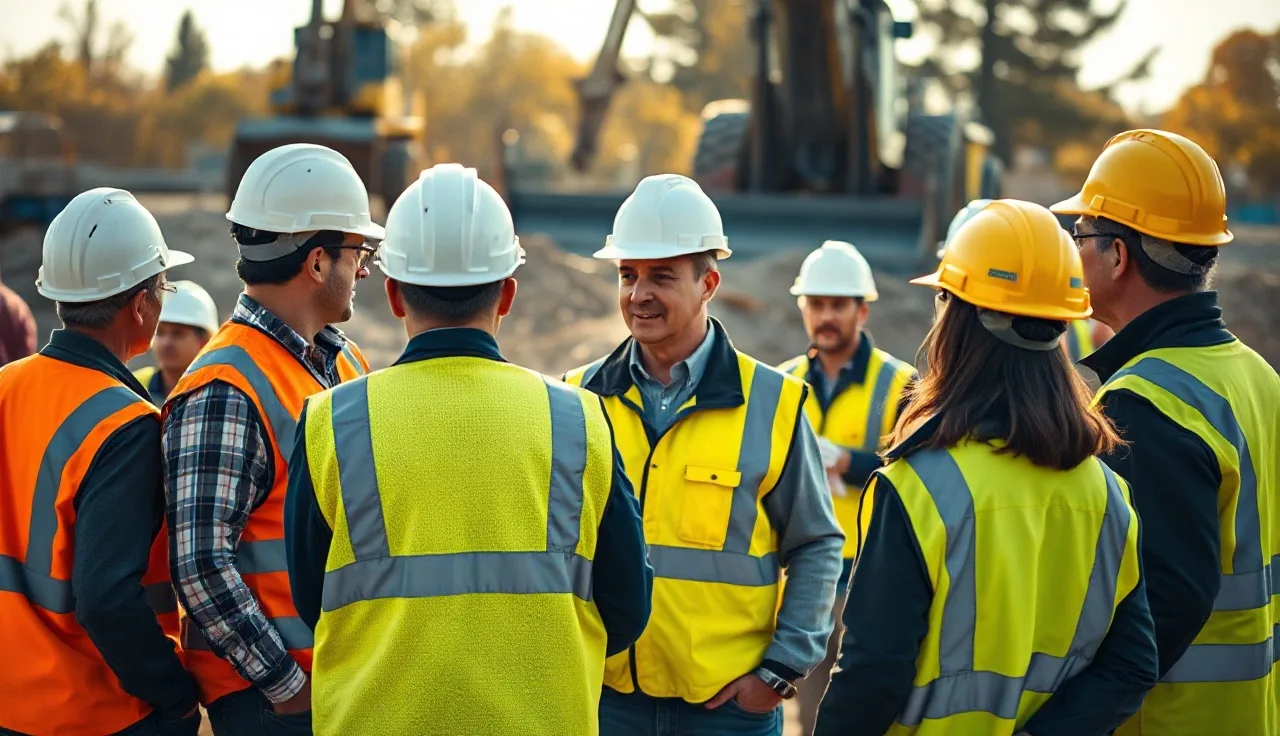 Supervisor leading a safety briefing with workers in hard hats outdoors at job site