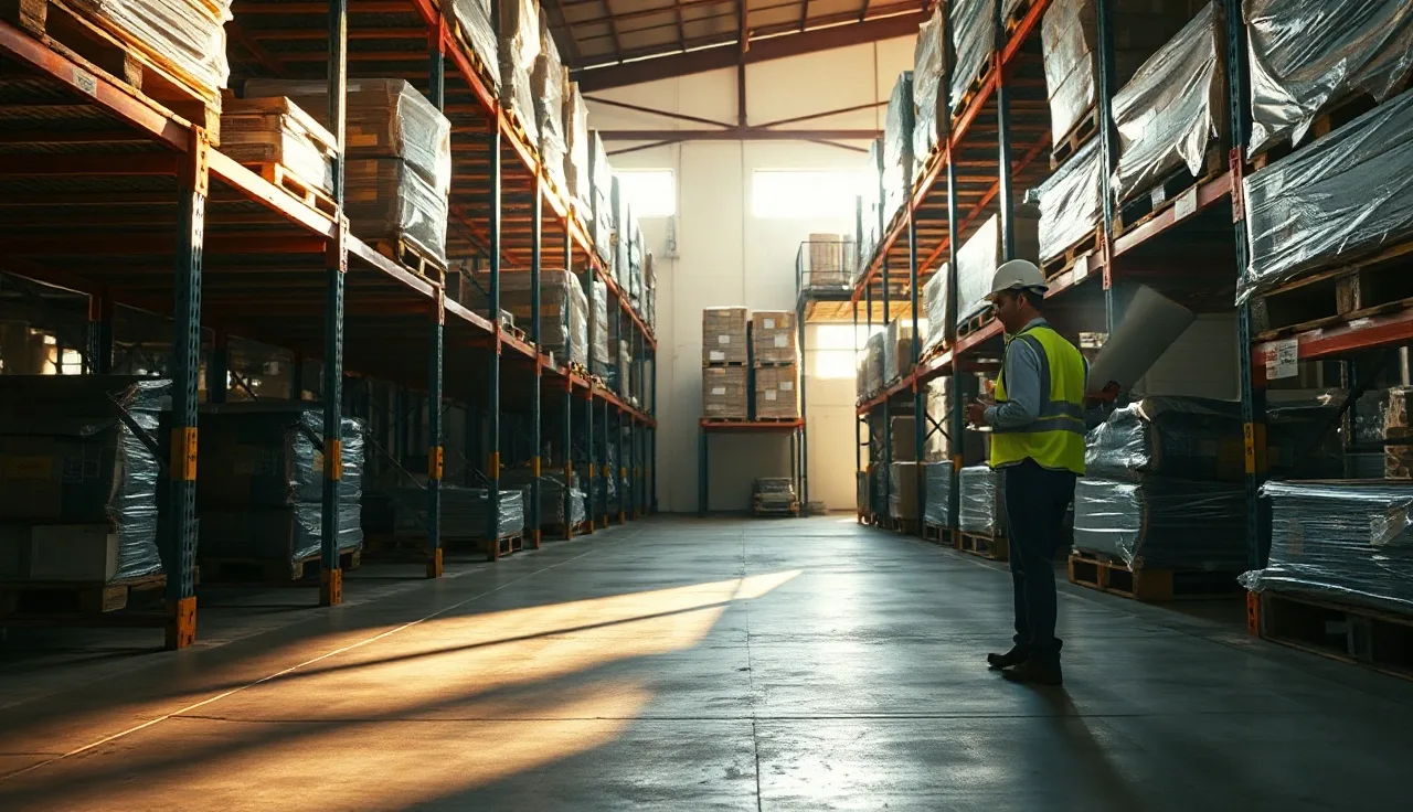 Worker in hard hat inspecting pallet rack aisle in warehouse for safety hazards