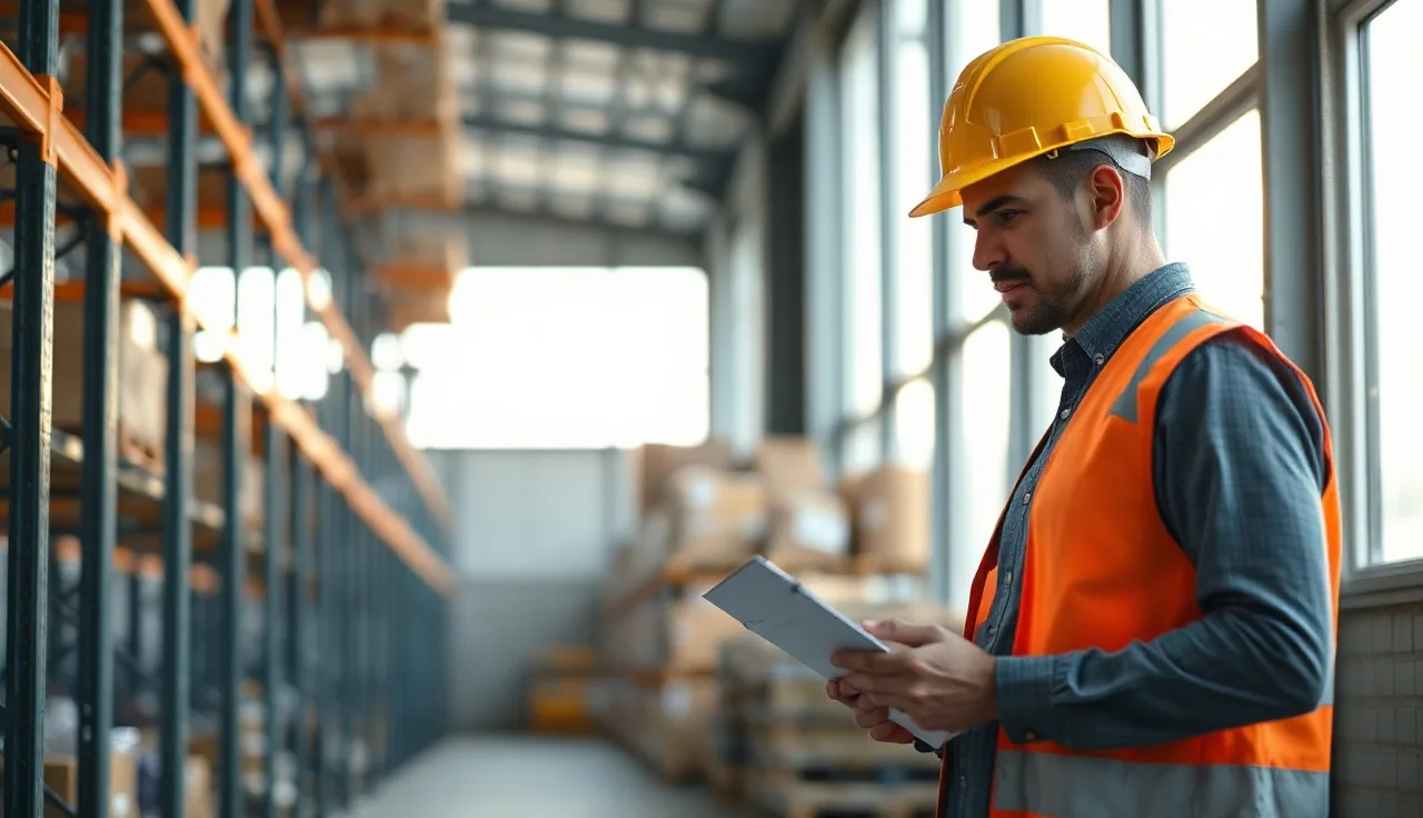Warehouse worker in hard hat reviewing safety procedures on a clipboard