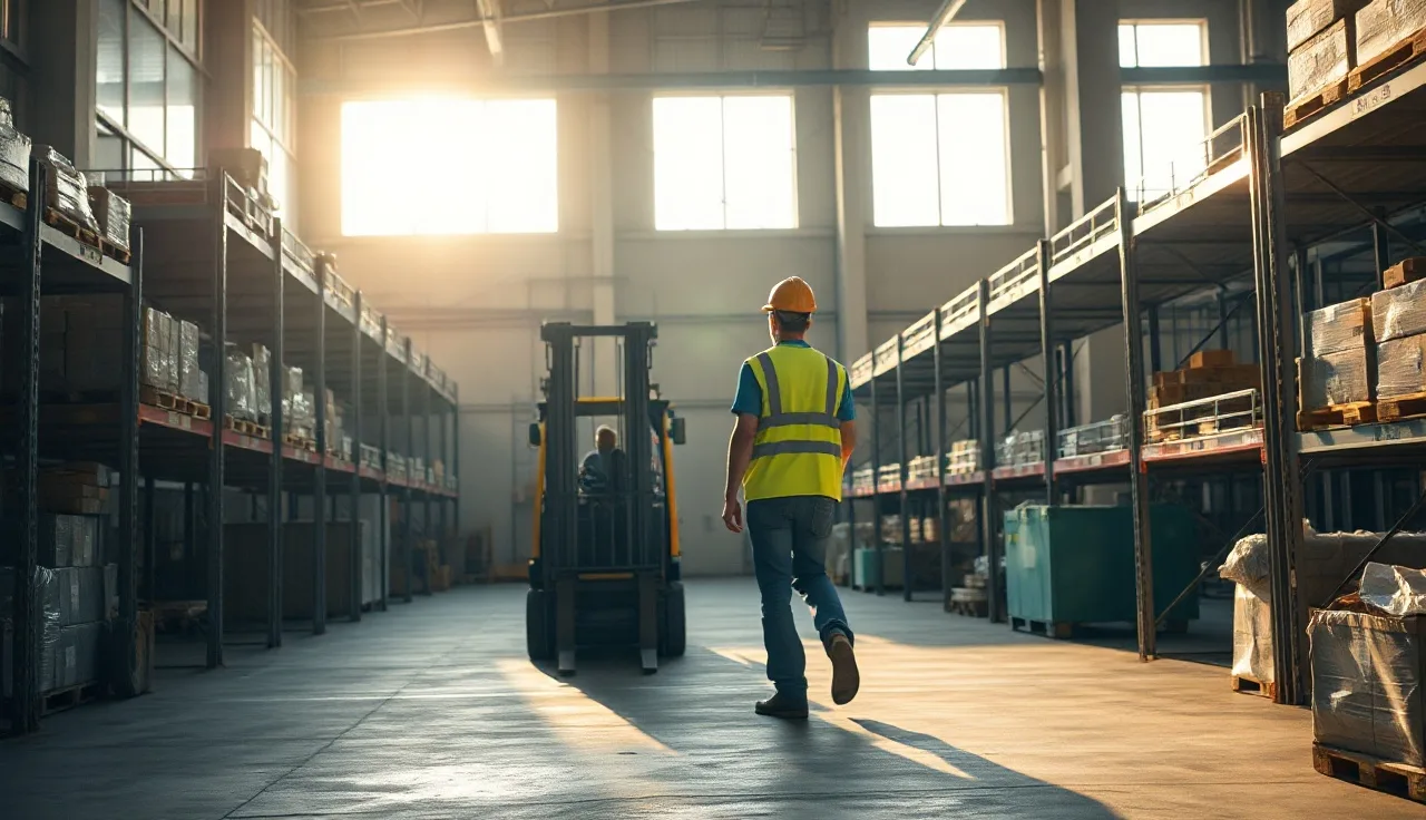 Worker in hard hat walking warehouse aisle with safety equipment visible