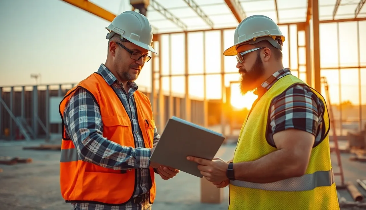 Two workers in hard hats reviewing a safety checklist on a job site
