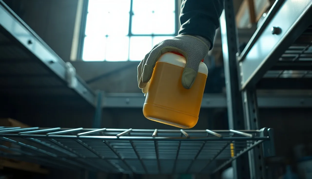 gloved worker holding chemical container in industrial storage room