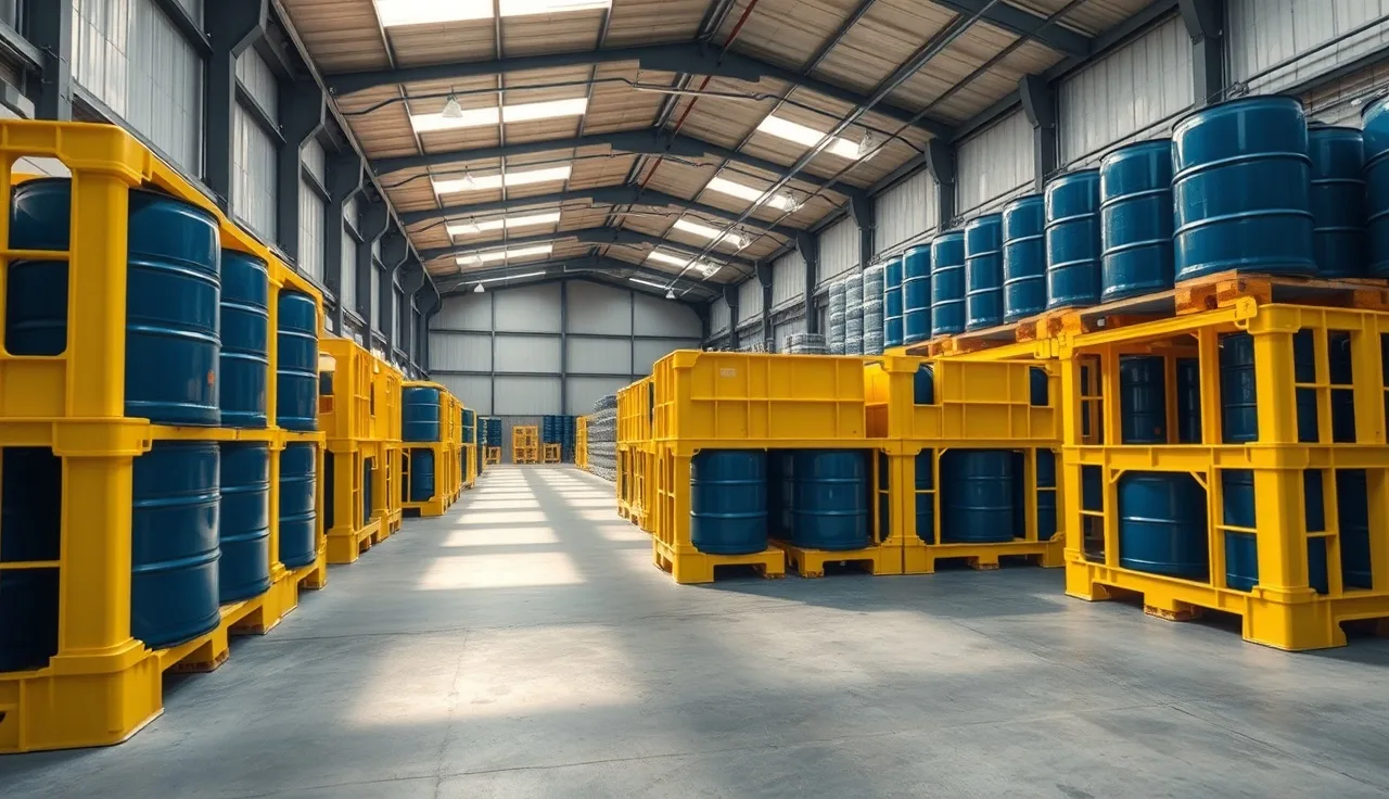 Yellow containment pallets holding steel chemical drums in a warehouse storage area