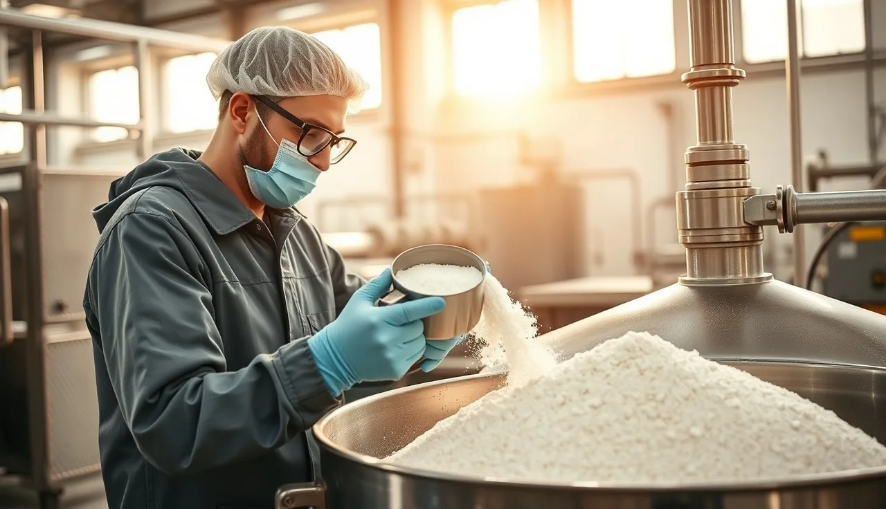Worker in safety goggles handling white sodium carbonate powder at industrial mixing station