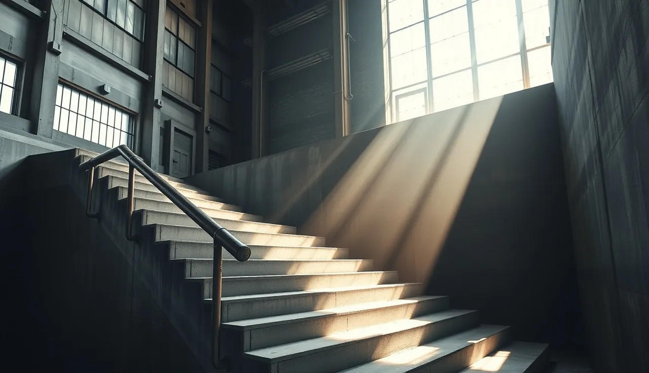Steel pipe handrail on concrete warehouse stairs with natural light