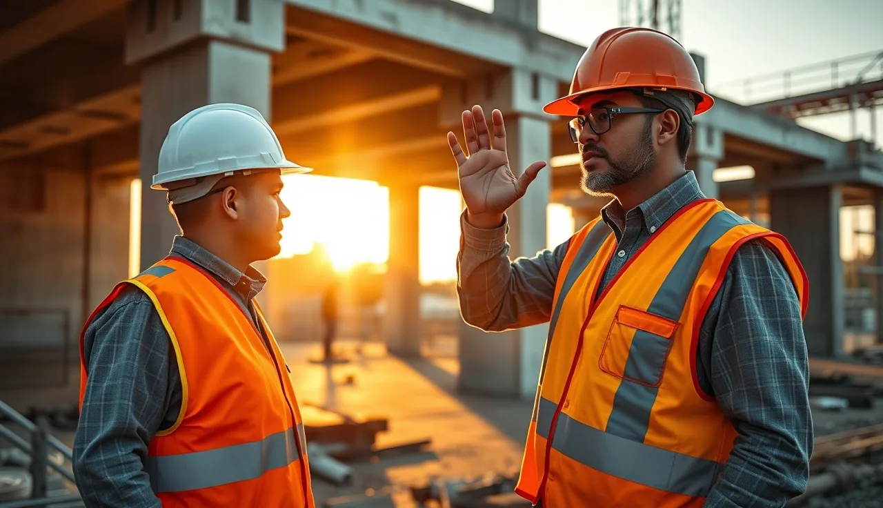 Two construction workers, one signaling stop, reviewing a hazard on a concrete job site at dawn