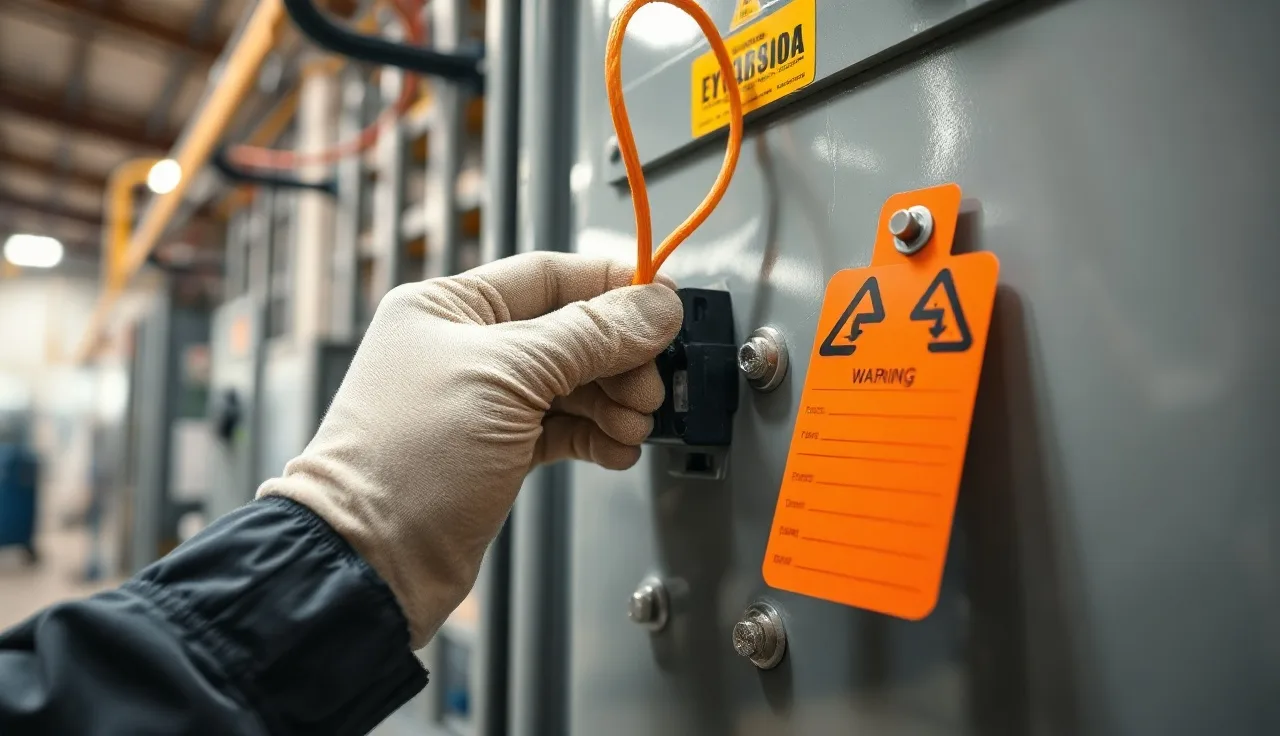 Worker attaching a lockout tagout warning tag to an electrical panel disconnect