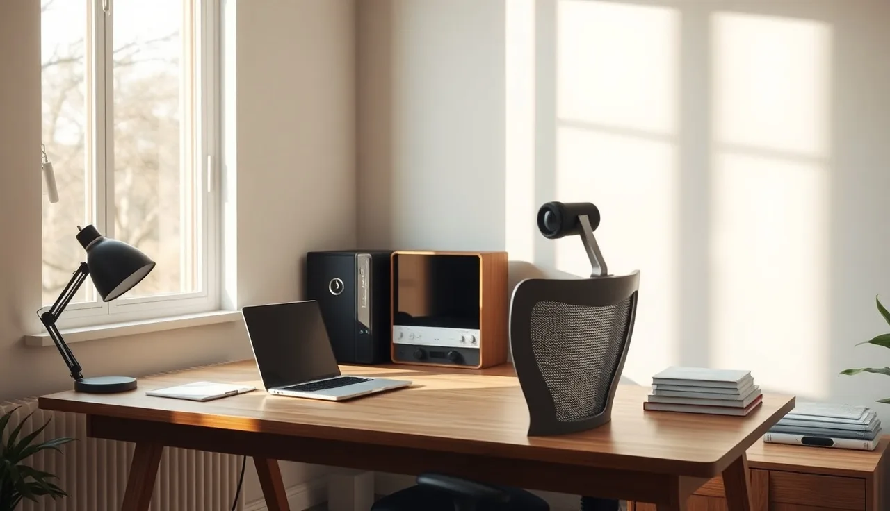 Ergonomic home office setup with wooden desk and laptop in morning light