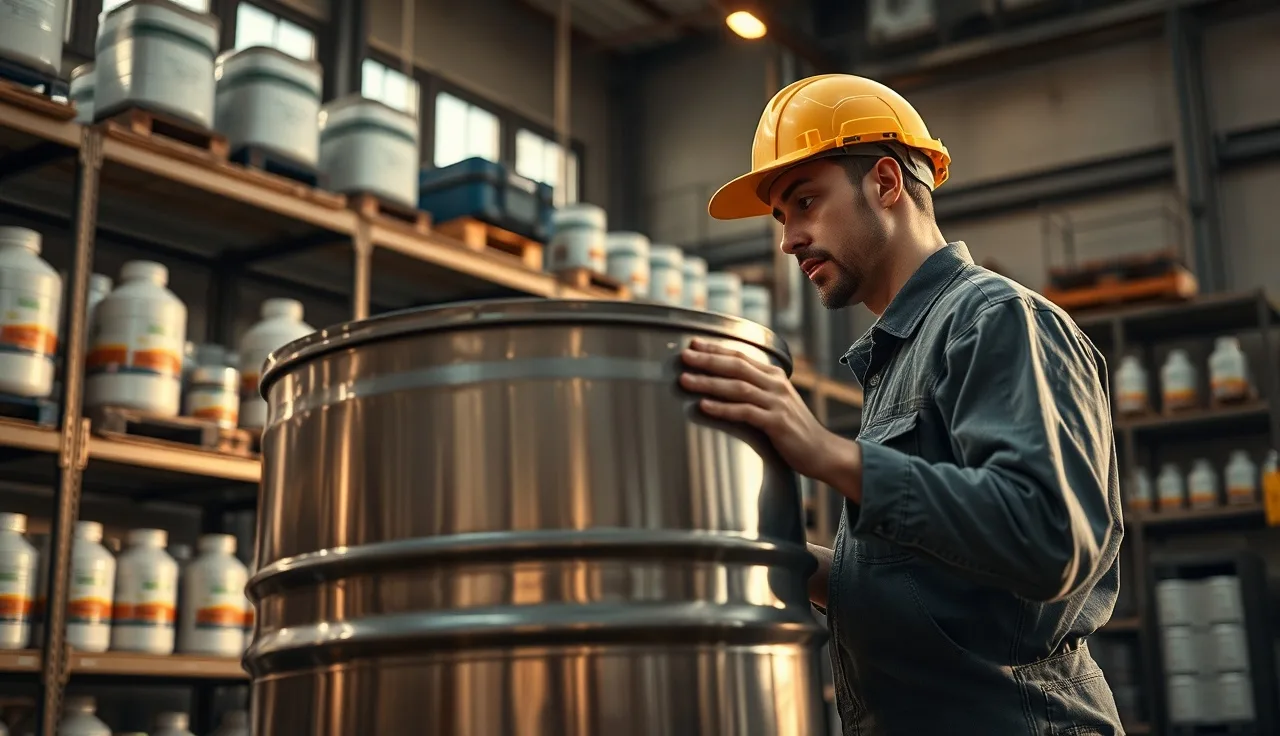 Worker examining chemical storage drums in an industrial facility under HazCom compliance
