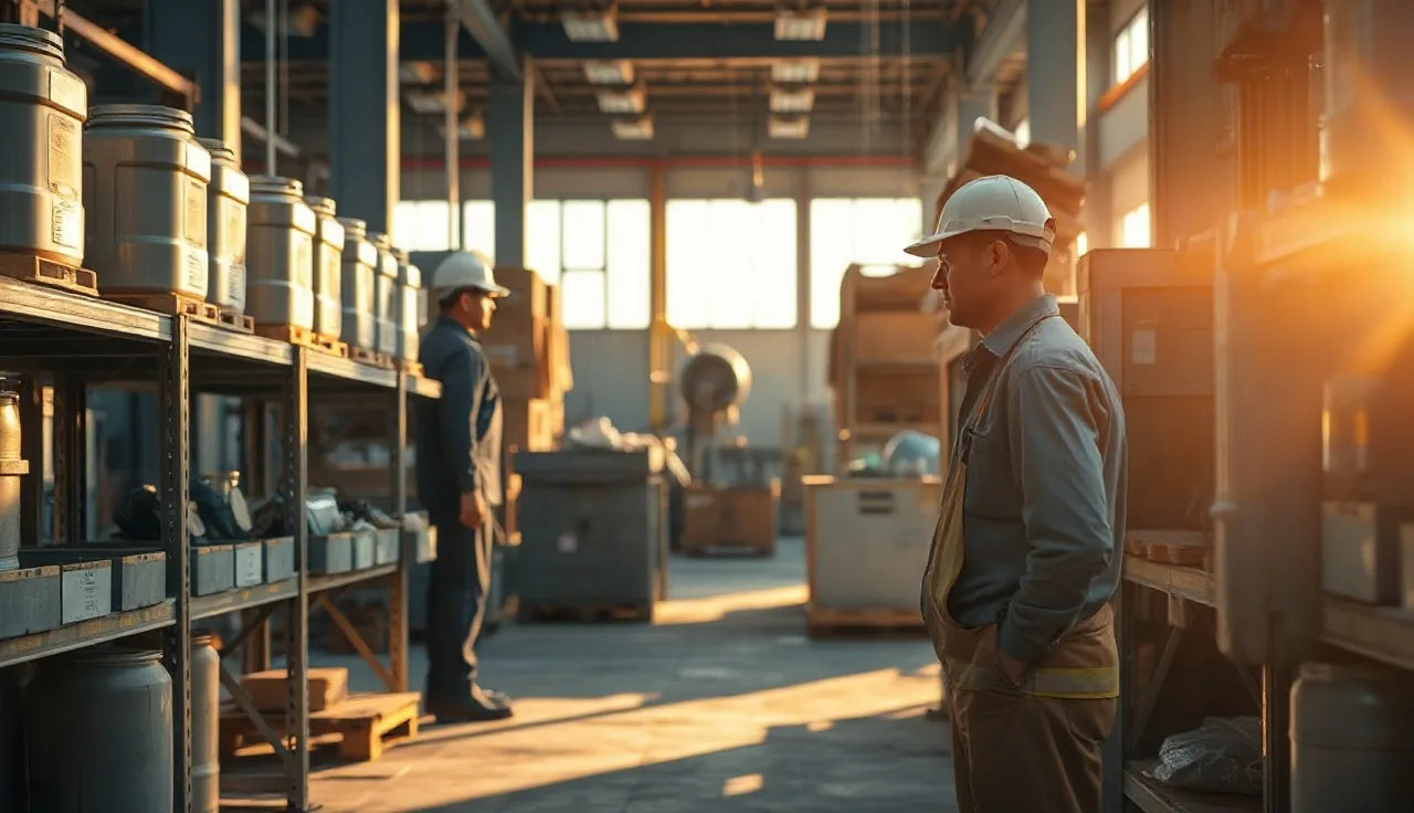Worker reviewing chemical containers on a shelf in a manufacturing plant