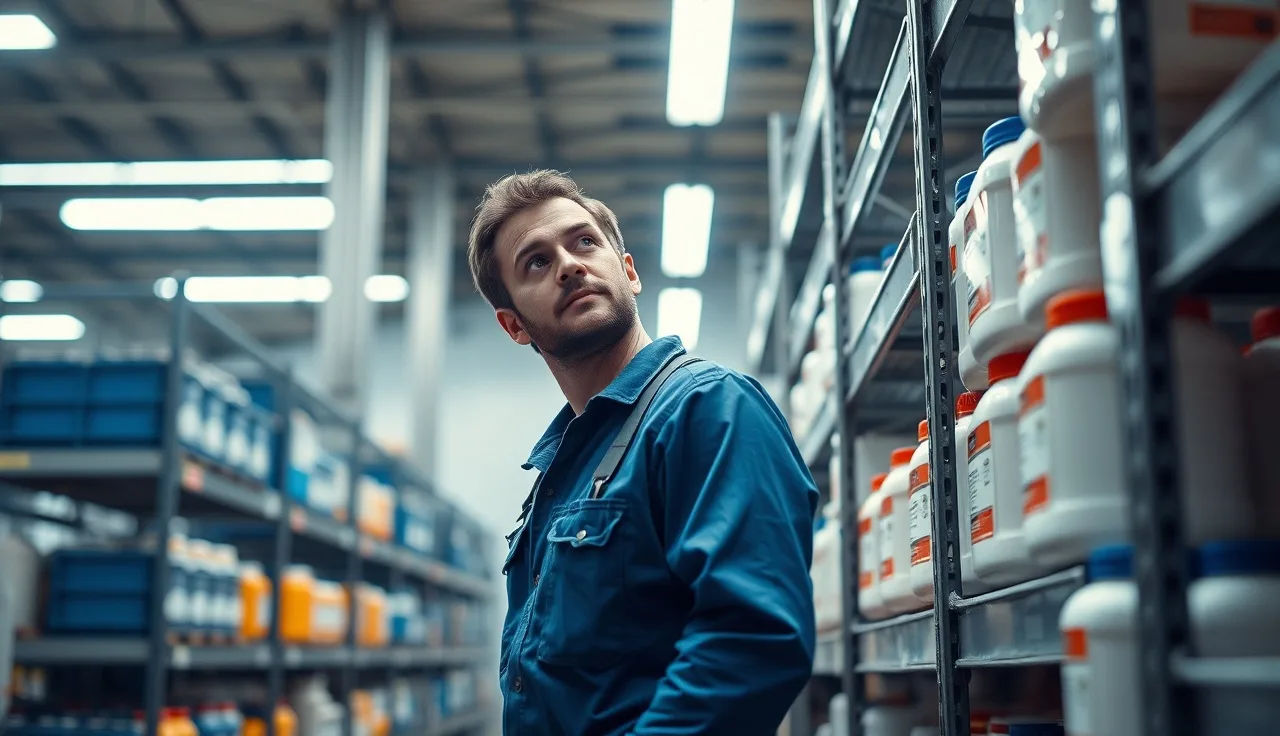Worker inspecting industrial chemical storage containers in a warehouse under fluorescent lighting