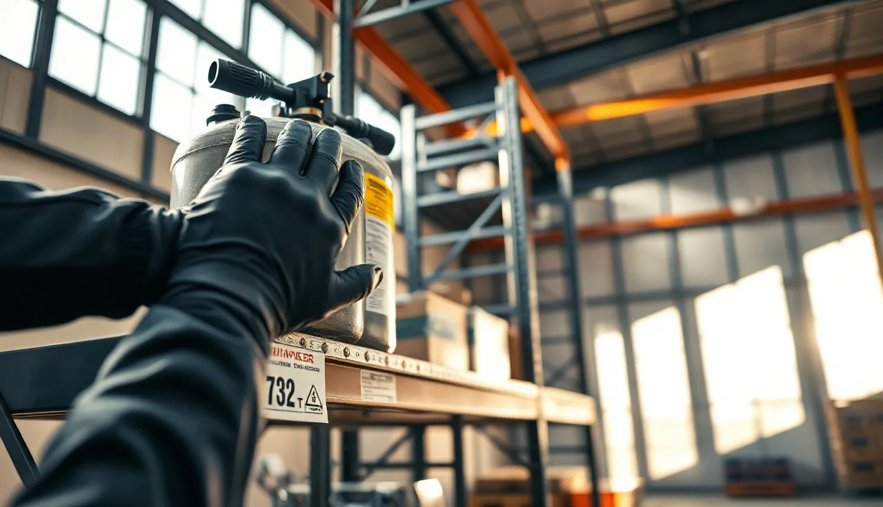 Worker in gloves inspecting a pressurized chemical container on warehouse shelving