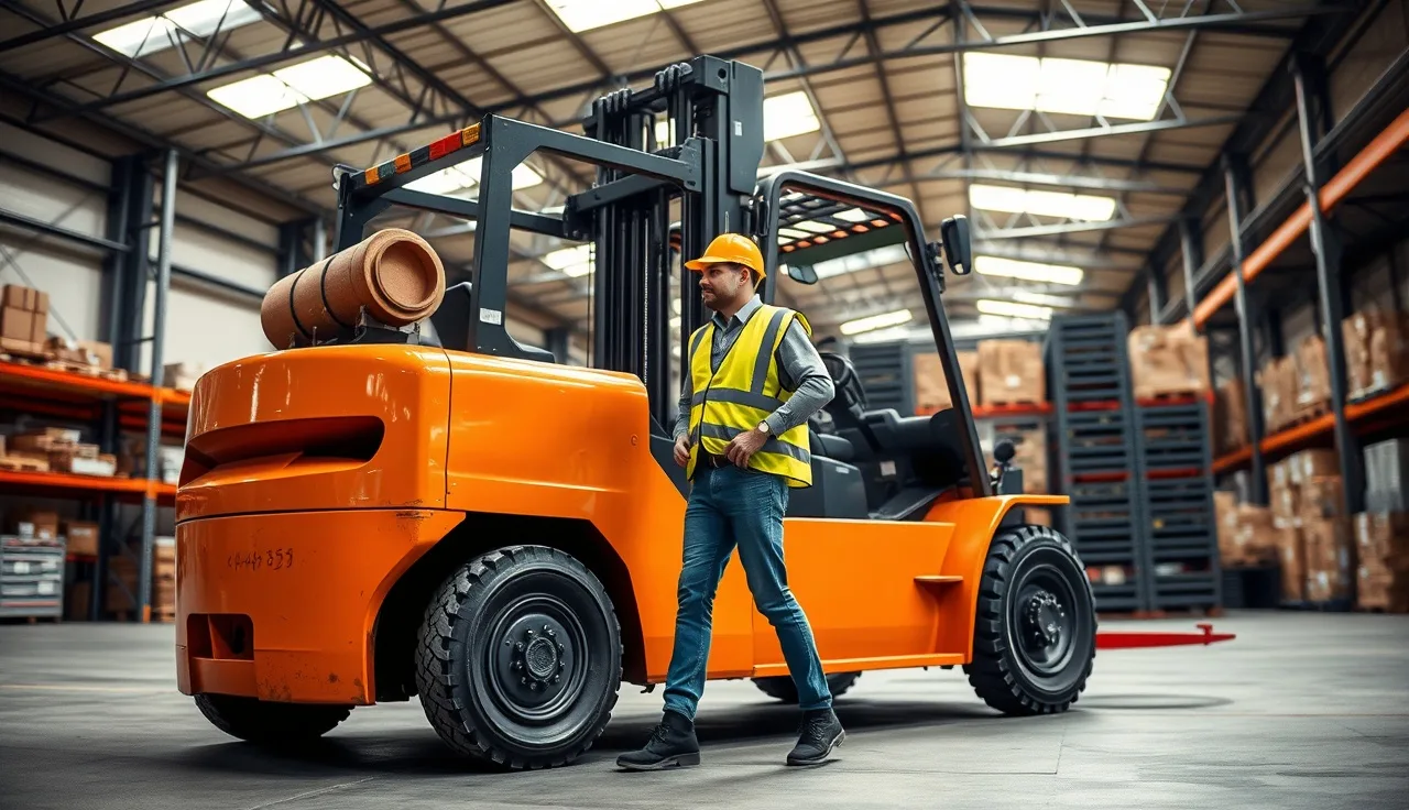Worker in safety vest inspecting a forklift in a warehouse before a shift