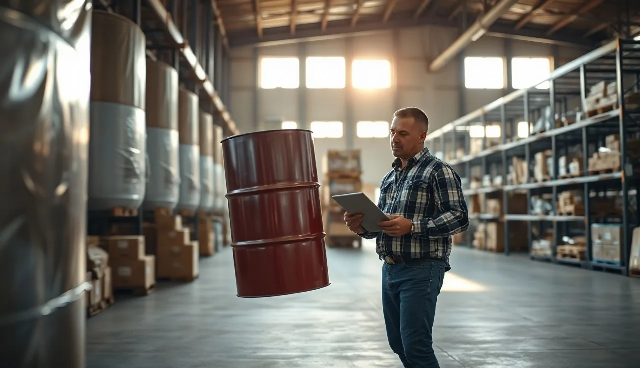 Warehouse worker closely examining a chemical drum label in industrial storage area