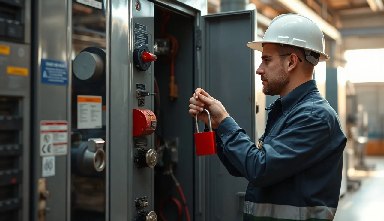 Worker applying a red lockout padlock to an electrical panel breaker in a factory