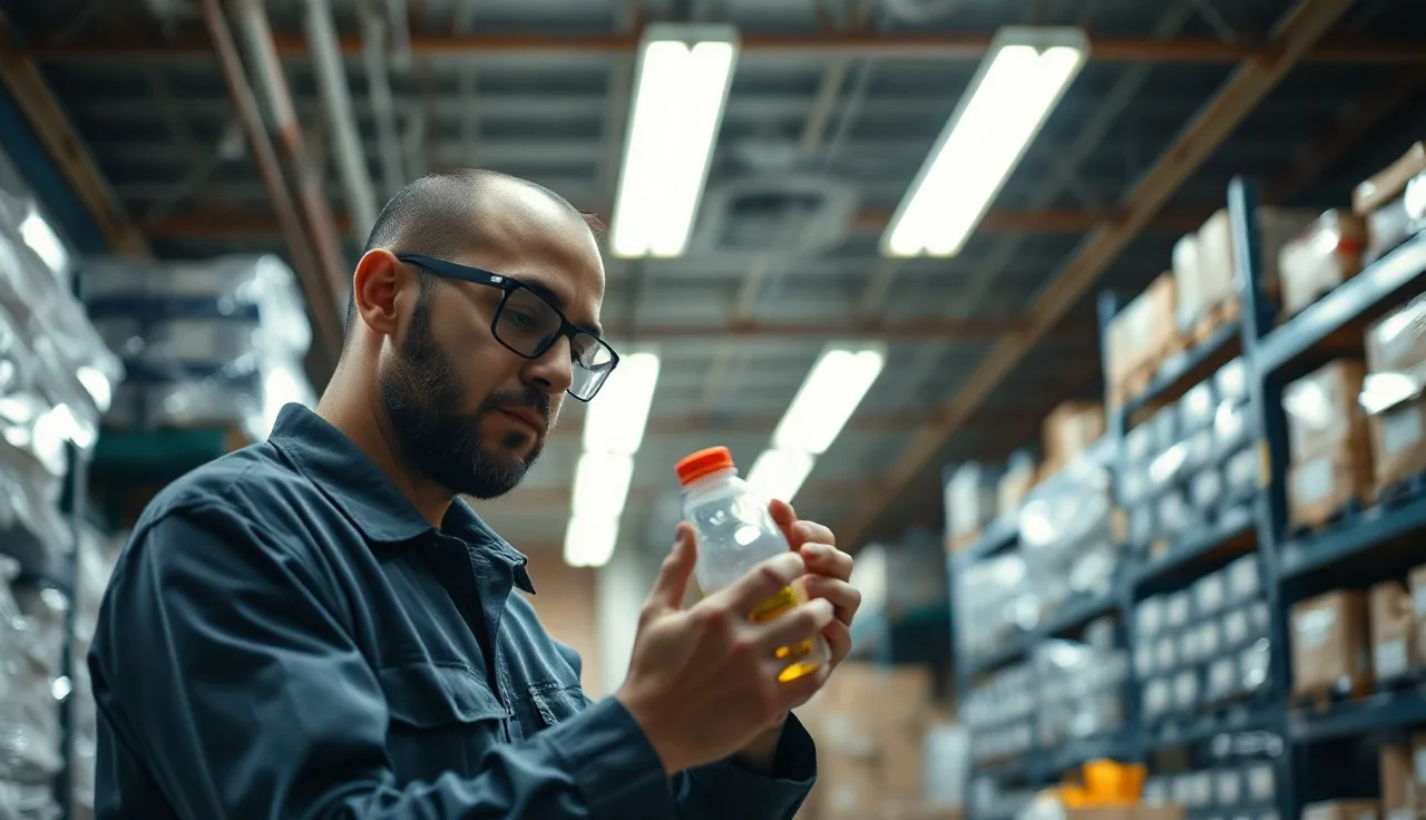 Worker examining a chemical container in an industrial warehouse under fluorescent lights