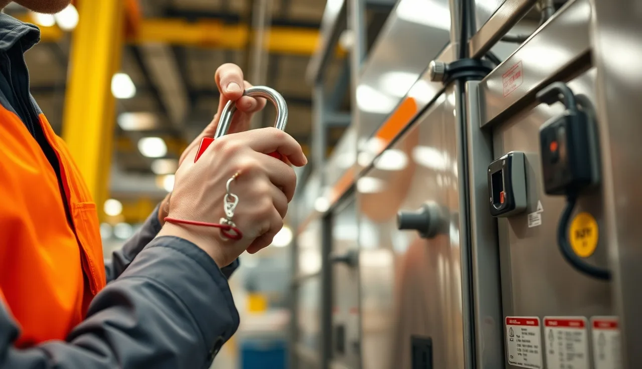 Worker applying a red lockout padlock to an electrical disconnect switch in a factory