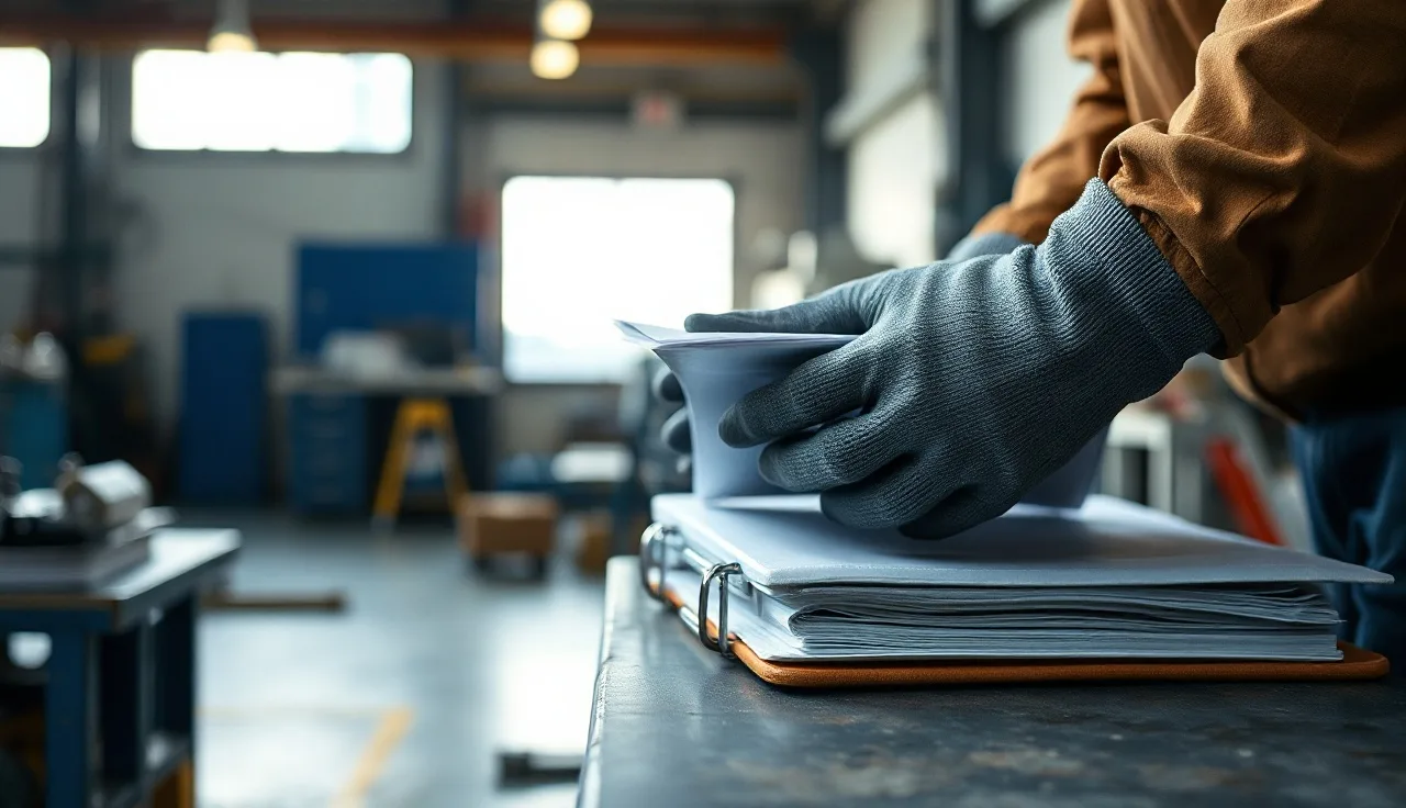 Worker in gloves reviewing a safety data sheet binder on a shop workbench