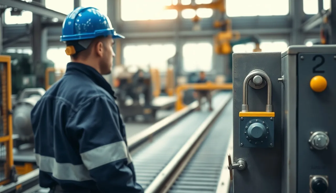 Worker pausing near a locked-out conveyor in a manufacturing facility