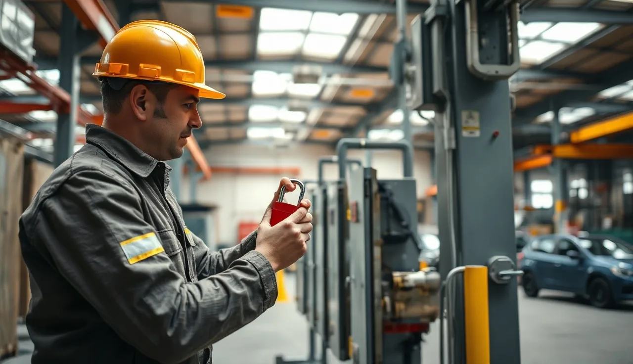 Worker applying lockout padlock to an industrial electrical disconnect panel