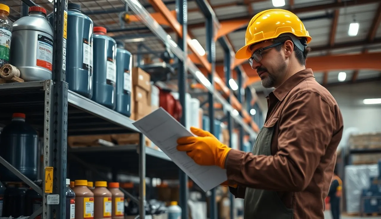 Warehouse worker reviewing safety data sheet near chemical storage shelving