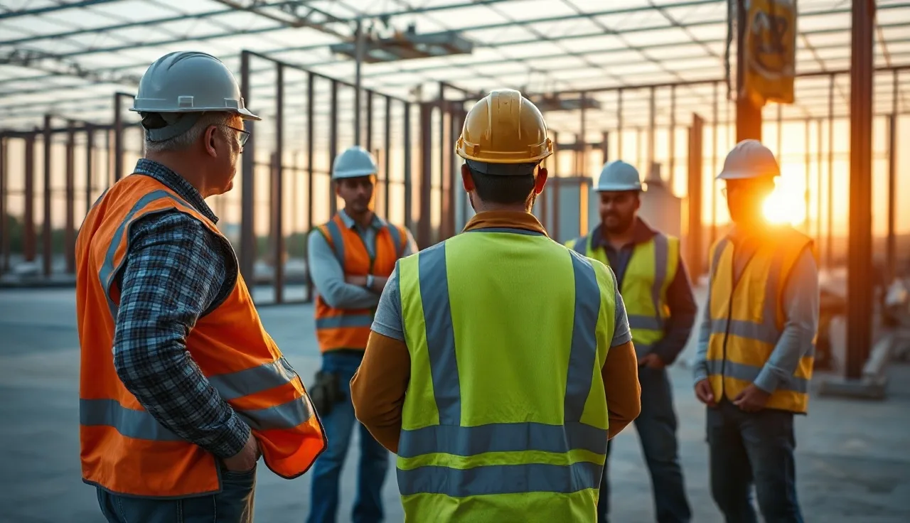 Construction foreman leading a toolbox talk with workers on a job site