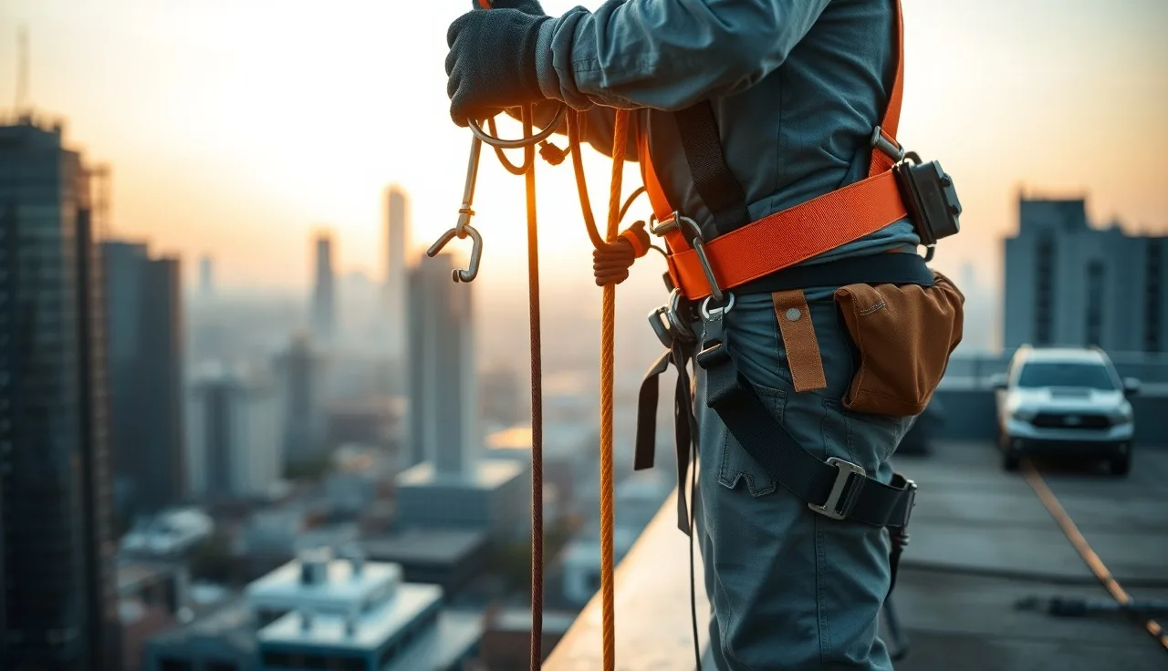 Worker in fall arrest harness attaching lanyard to roof anchor point on job site