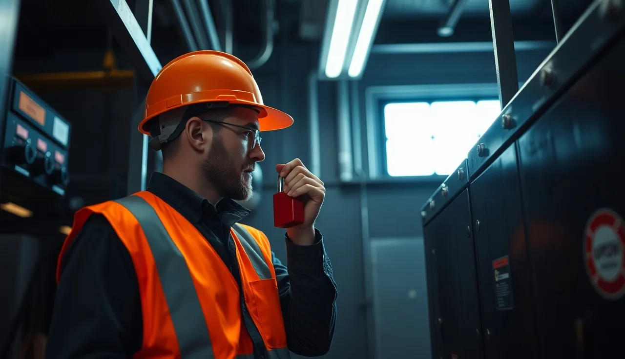 Maintenance worker applying a red lockout padlock to an industrial circuit breaker panel