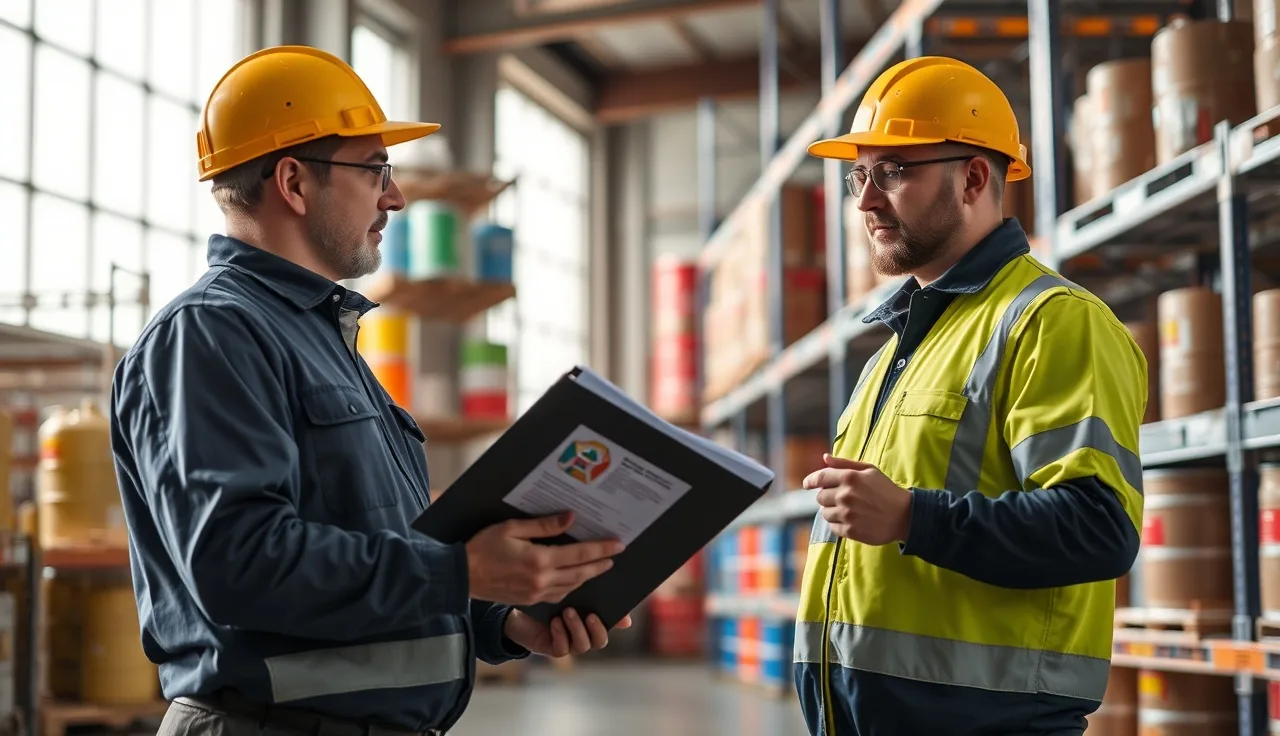 Supervisor and worker reviewing safety documentation beside chemical storage drums in a warehouse