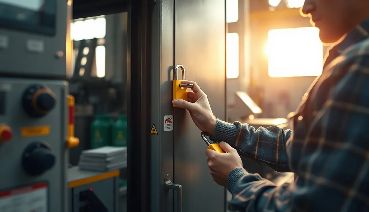 Maintenance worker applying a padlock to a lockout hasp on industrial equipment