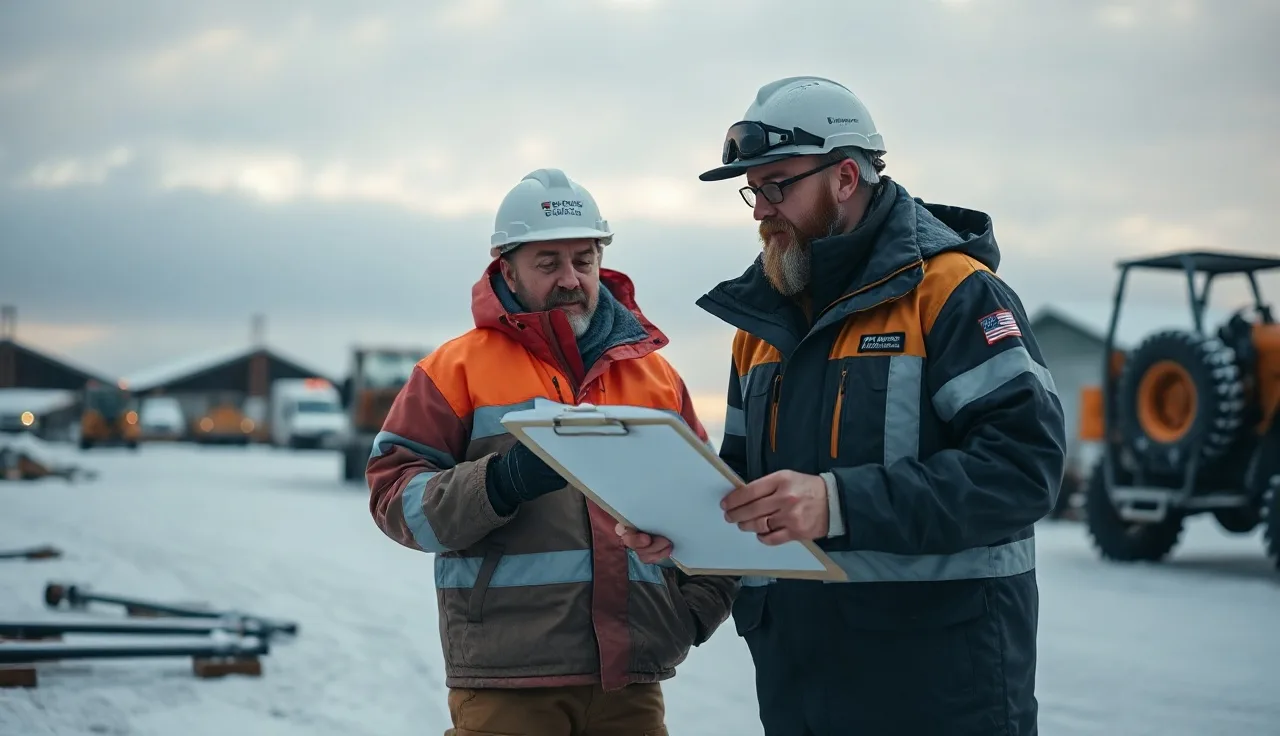 Supervisor leading a winter safety toolbox talk with workers at a snowy job site