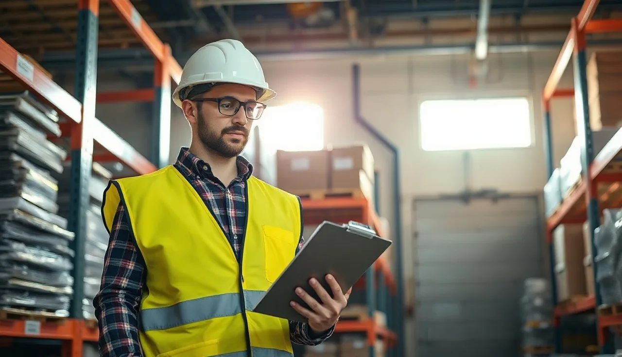 Warehouse worker reviewing safety documents near industrial shelving in afternoon light