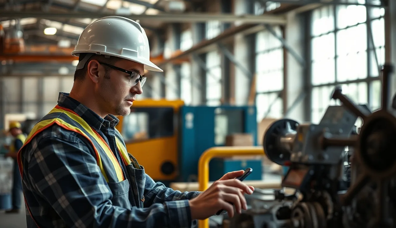 Supervisor and worker reviewing equipment on a manufacturing floor for workplace safety compliance