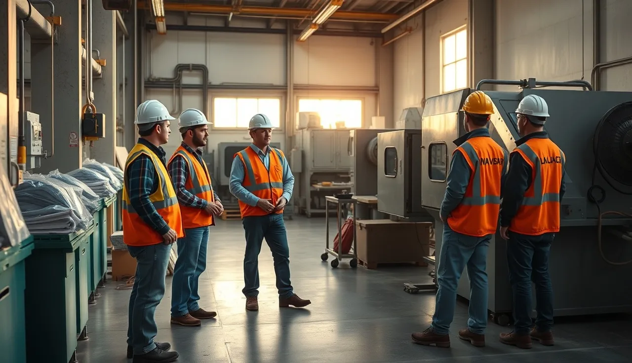 Workers in hard hats watching a lockout tagout safety demonstration on a factory floor