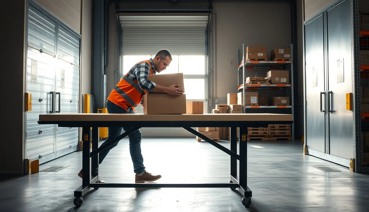 Warehouse worker using proper lifting technique at an ergonomic workstation