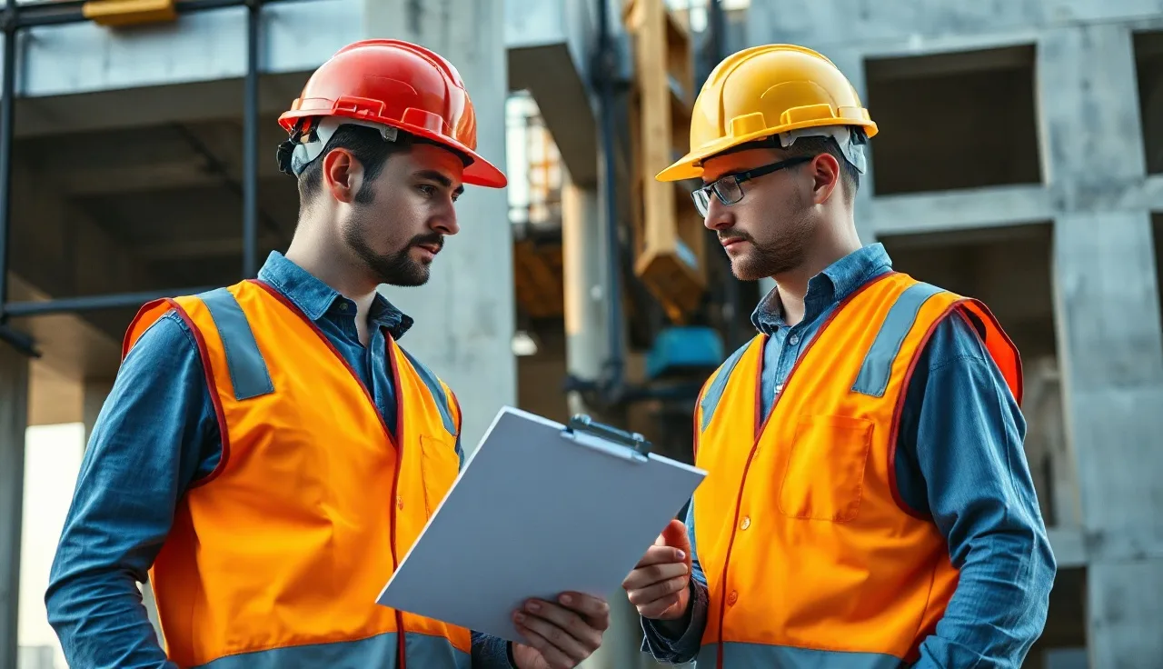 Two workers in safety gear reviewing a checklist at a construction site