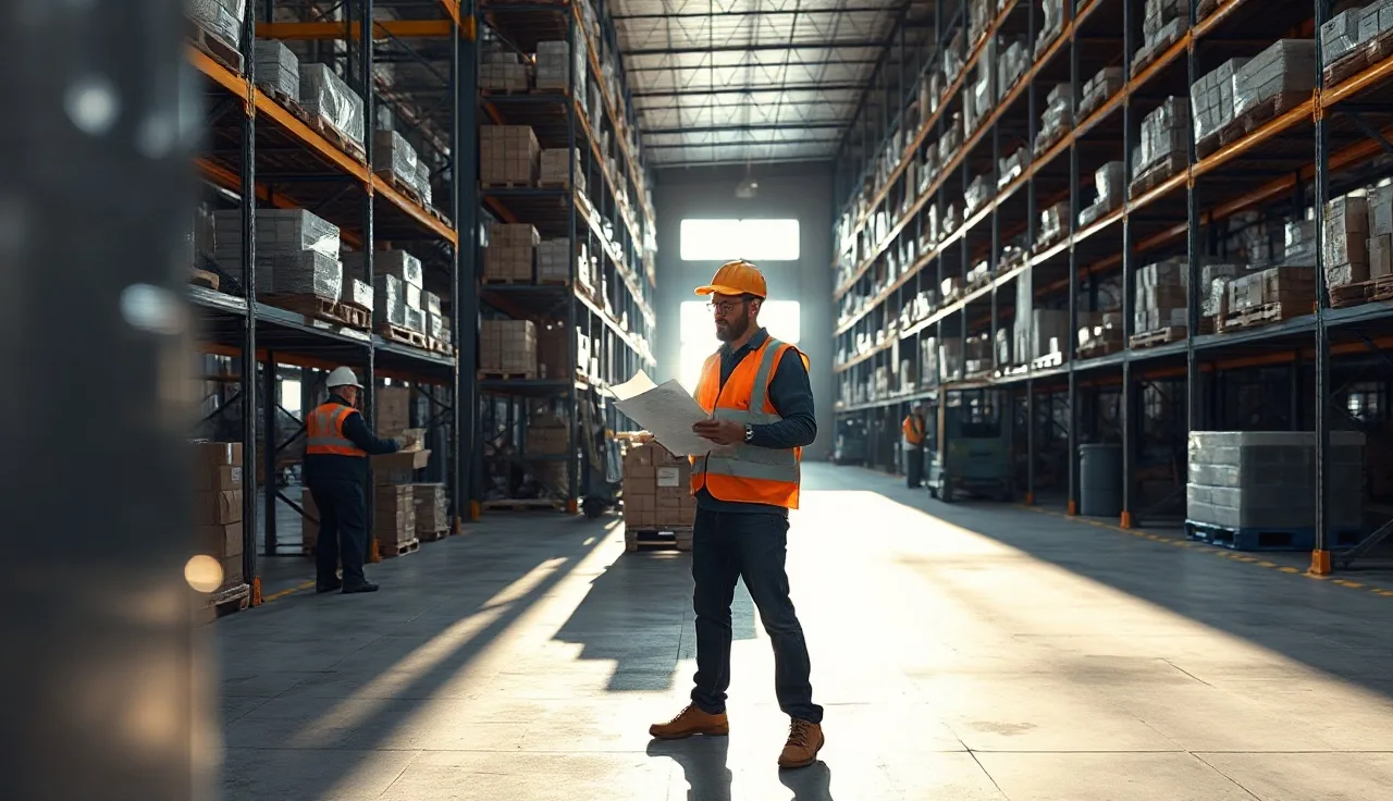 Warehouse supervisor reviewing workplace safety documents at metal shelving in a distribution facility
