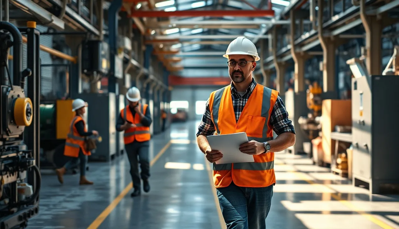 Safety professional inspecting manufacturing floor machinery during a workplace safety audit