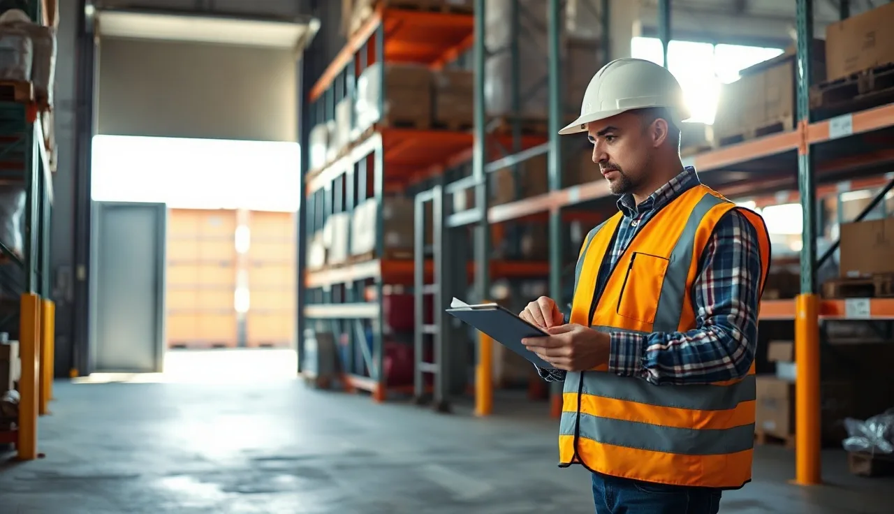 Worker in hard hat inspecting warehouse floor near shelving during morning safety walkthrough
