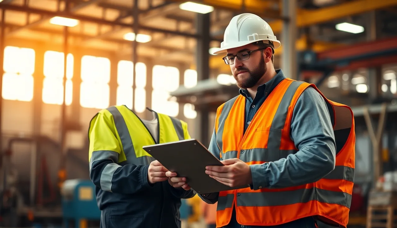 Safety supervisor and worker reviewing workplace safety topics on a factory floor