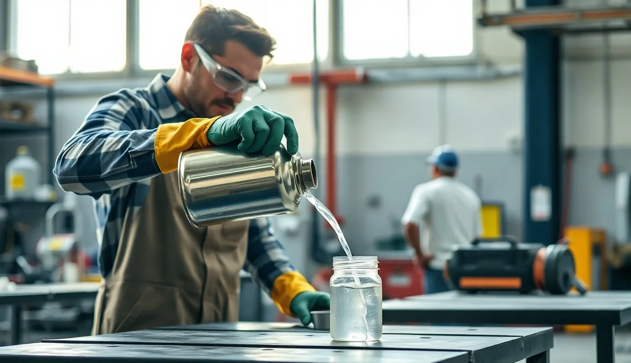 Worker in goggles and gloves safely pouring xylene solvent at an industrial workbench