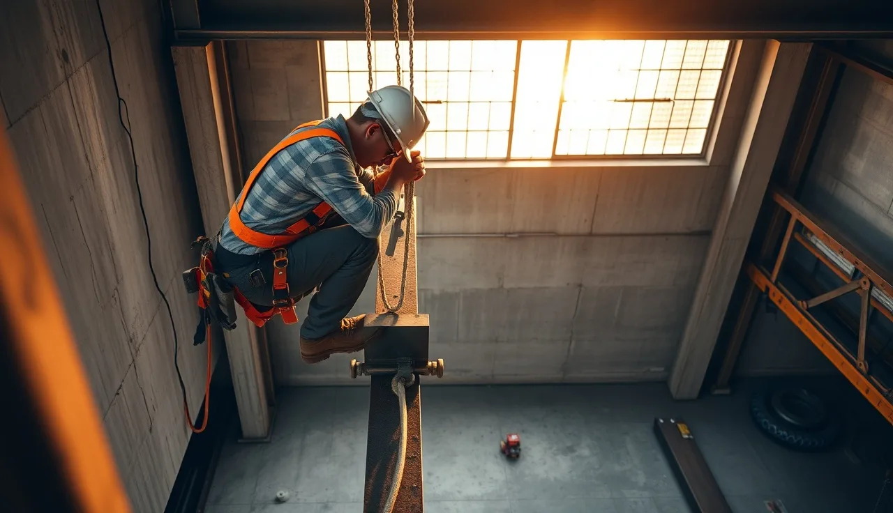 ironworker attaching a beam clamp to a steel I-beam high above a concrete floor