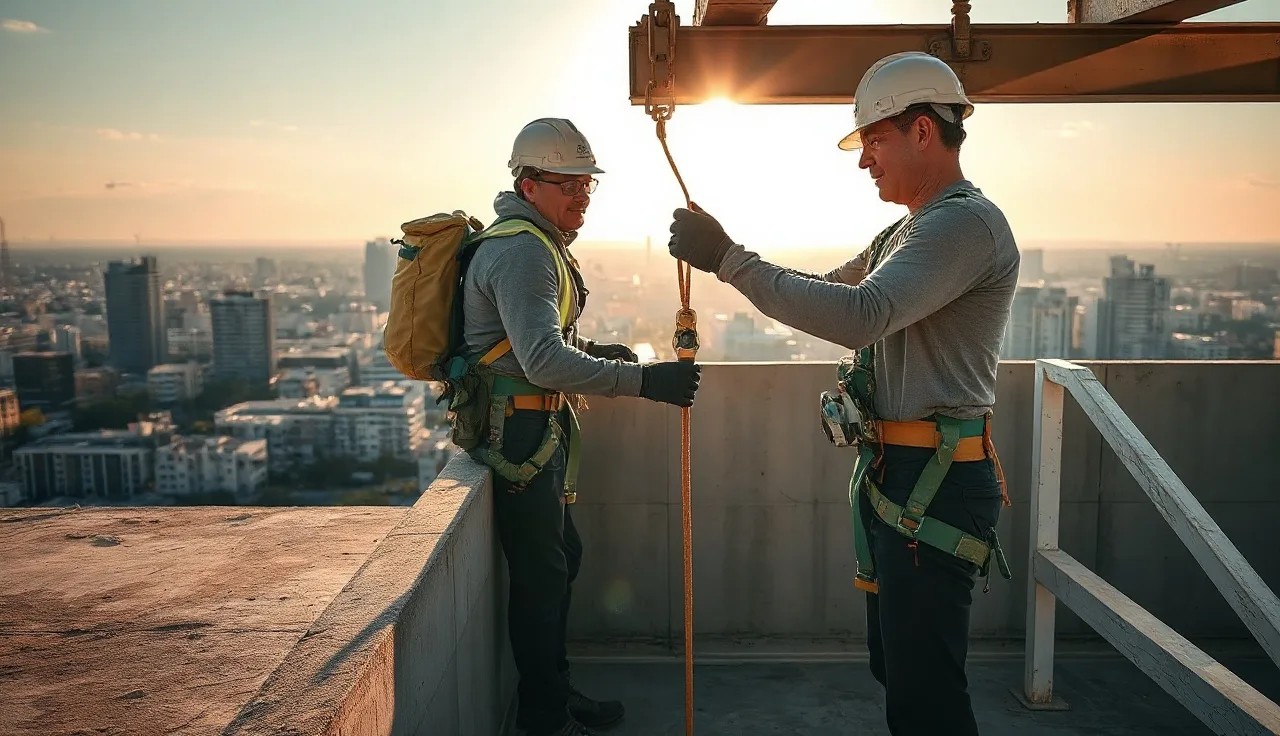 Worker in safety harness attaching fall protection lanyard to steel beam anchor on construction site