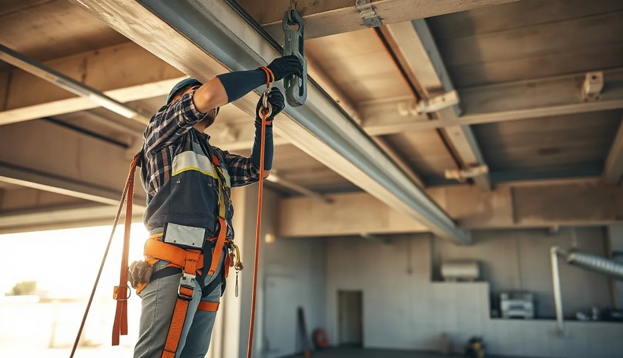 Construction worker clipping harness connector to certified beam anchor on structural steel